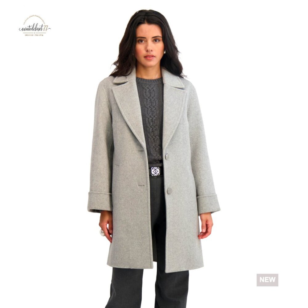 Relaxed Wool Pea Coat with Front Buttons & Roll Cuffs
